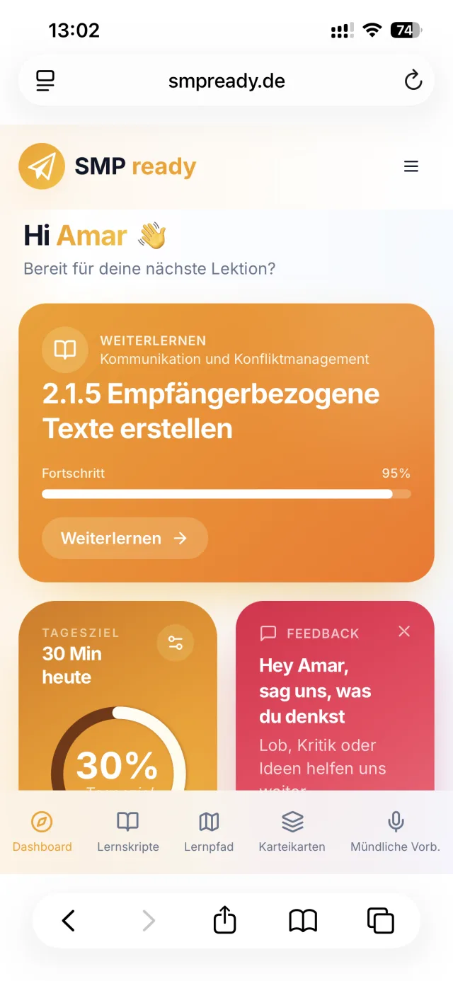 Dashboard auf dem Smartphone mit Fortschritt und Tagesziel.