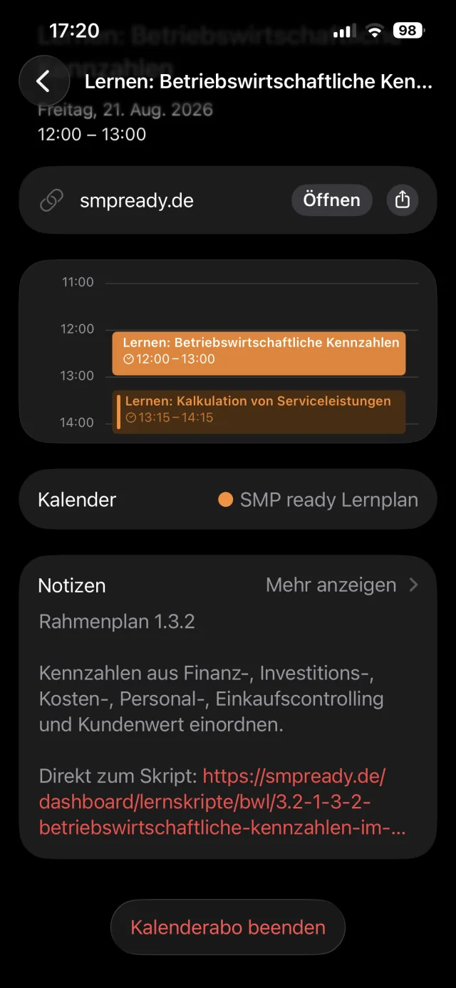 Aufgeklappter Termin auf dem Smartphone: Titel „Lernen: Betriebswirtschaftliche Kennzahlen“, Uhrzeit, Kalender „SMP ready Lernplan“ und darunter der Link direkt ins Skript.